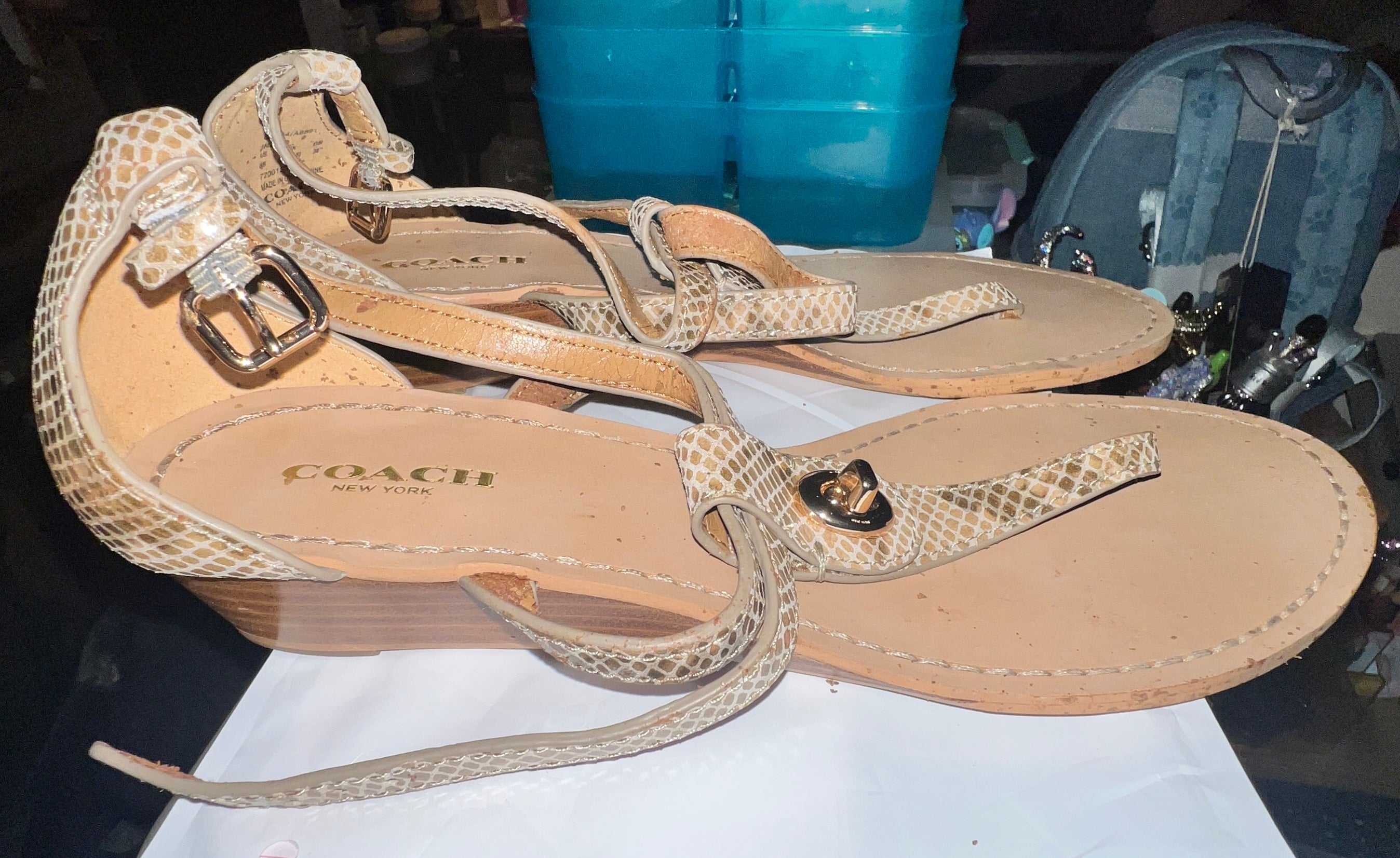 Coach New York Snakeskin Embossed Leather Thong Sandals – Beige/Tan – Women’s 8B